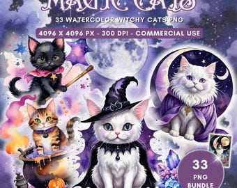 Clipart di gatto nero stregato ad acquerello, pacchetto PNG di tarocchi gotici per sublimazione di Halloween
