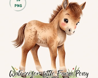 Zestaw akwarelowych kucyków z farmy w formacie PNG na pierwsze urodziny rodeo i sublimację w przedszkolu