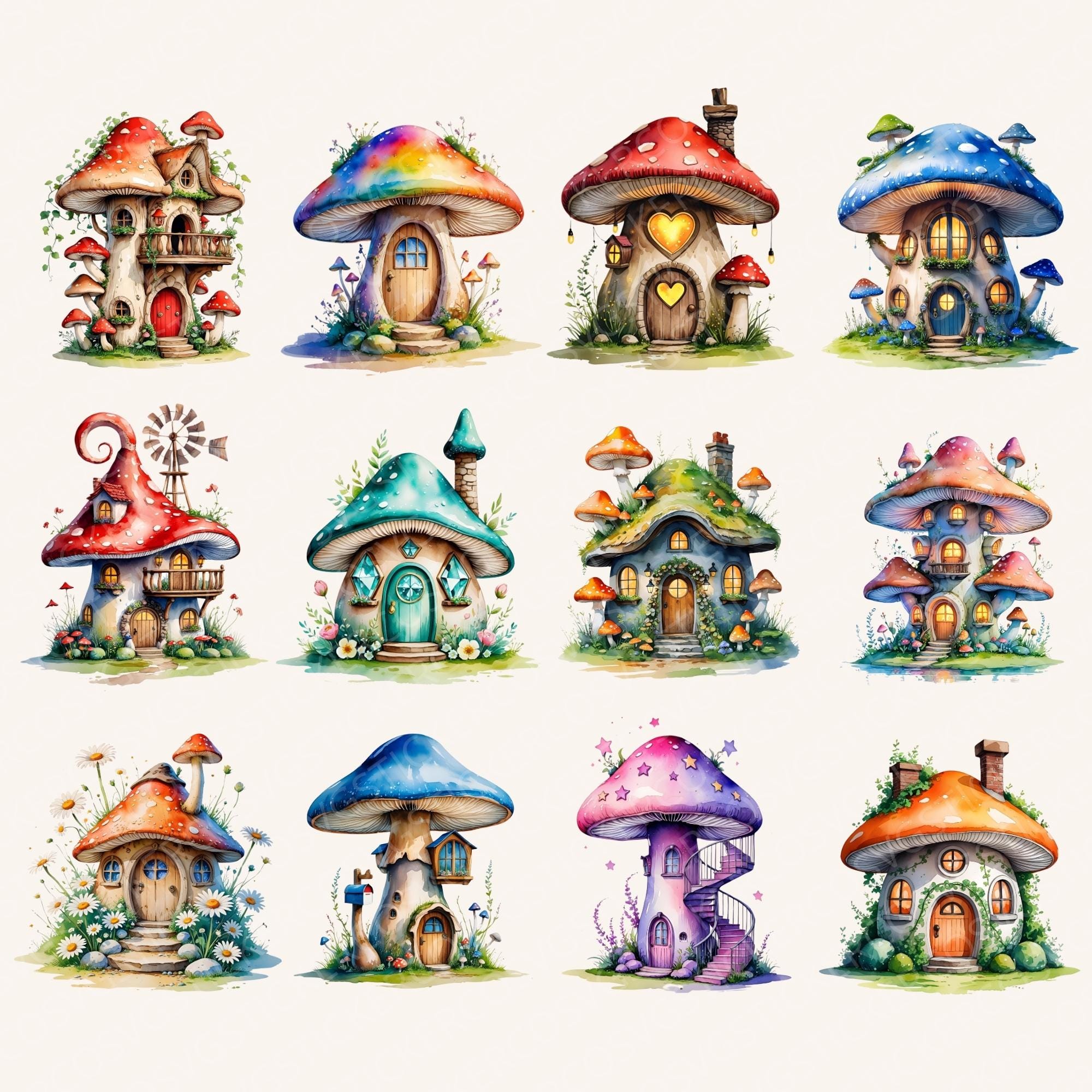 Fairy Mushroom House Clipart Bundle, Watercolor Fantasy Cottage PNG (20 ...