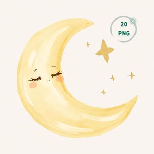 May include: Watercolor illustration of a smiling crescent moon with closed eyes, rosy cheeks, and long eyelashes. Gold glitter stars and the text "20 PNG" are also included in the image. The moon is a soft yellow color.