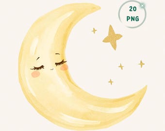 Immagine PNG di luna addormentata ad acquerello per baby shower a tema "Over the Moon" e sublimazione per la cameretta dei bambini.