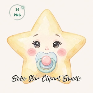 Paquete de imágenes prediseñadas PNG de estrellas brillantes en acuarela, gráficos de sublimación para baby shower celestial