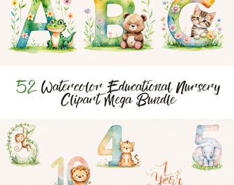 Pacchetto di clipart PNG con alfabeto di animali ad acquerello e numeri per le tappe fondamentali della cameretta dei bambini, ideale per la sublimazione.