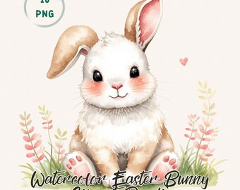 Pacchetto di clipart di coniglietti pasquali, 16 coniglietti e uova pastello in formato PNG acquerellato per sublimazione