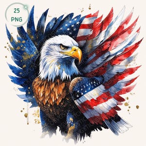 Watercolor American Eagle Clipart Bundle, 25 Patriotic USA Bald Eagle Sublimation Png, American Flag Clipart, 4th of july, Commercial Use