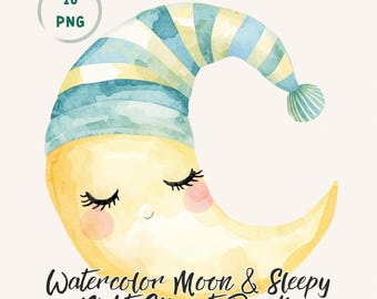 Immagine PNG di una luna addormentata ad acquerello per decorazioni per la cameretta dei bambini e per la sublimazione di pigiami per neonati.