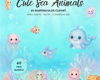 Pacchetto di clipart e carta digitale "Acquerello sotto il mare", PNG per sublimazione a tema oceano per la cameretta dei bambini.