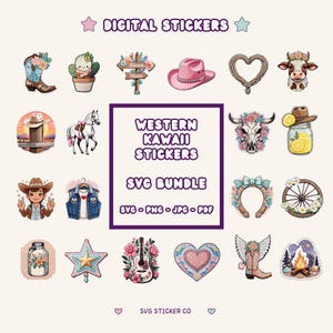 Peut inclure: Ensemble d'autocollants numériques sur le thème du Far West. Les autocollants comprennent une botte de cowboy, un cactus, un panneau indicateur, un chapeau de cowboy rose, un cœur en corde, une vache, un cowboy sur une clôture, un cheval, un cowboy, un gilet, un crâne, un fer à cheval, une roue de chariot, un bocal, une étoile, une guitare, un cœur, une botte ailée et un feu de camp.