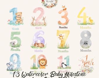 Pacchetto di clipart ad acquerello per le tappe di crescita del bambino, numeri mensili con animali in formato PNG e cartello "Hello World" per neonati.