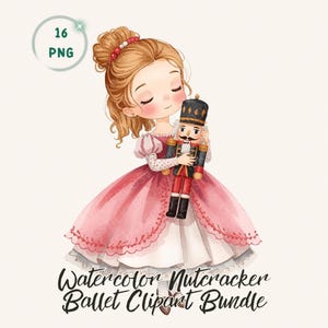 May include: A watercolour illustration of a girl in a pink dress holding a nutcracker doll. The image includes the text "Watercolor Nutcracker Ballet Clipart Bundle" and a "16 PNG" graphic.