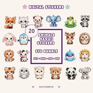 Paquete de pegatinas de animales kawaii, 20 pegatinas digitales kawaii, pegatinas de animales kawaii, pegatinas lindas, pegatinas kawaii PNG, Svg