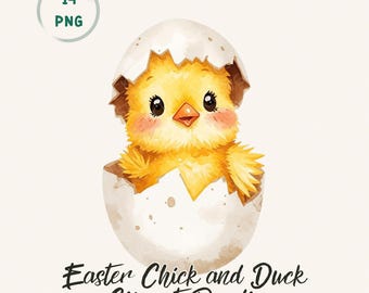 Pacchetto di clipart di pulcini e anatre pasquali, 14 disegni PNG acquerellati per decorazioni primaverili e camerette dei bambini