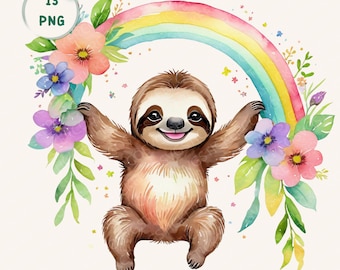 Pacchetto di clipart PNG di bradipo boho ad acquerello per baby shower e sublimazione per bambini "Let's Hang".
