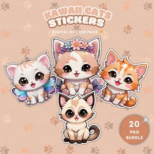 Adesivi digitali kawaii a forma di gatto, set di 20 adesivi carini e divertenti a forma di gatto, set di clipart di gatti in formato PNG, design a sublimazione di gatti in formato PNG, arte di gatti, regalo per amanti dei gatti
