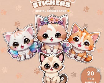 Adesivi digitali 3D di gattini Kawaii per l'agenda GoodNotes, pacchetto PNG di gattini da stampare e ritagliare.