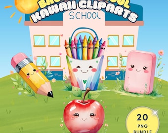 Zestaw Kawaii School Supplies Clipart PNG, naklejki cyfrowe na powrót do szkoły i wystrój klasy
