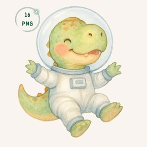 Puede incluir: Ilustración en acuarela de un dinosaurio verde sonriente con un traje y casco de astronauta blancos. El dinosaurio tiene una barriga de color naranja claro y está flotando con los brazos y las piernas extendidos. La imagen incluye el texto "16 PNG" en un círculo.