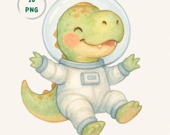 Pacchetto di clipart PNG di dinosauri spaziali ad acquerello, sublimazione per compleanno a tema dinosauri spaziali e cameretta per neonato.