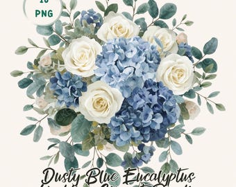 Pacchetto clipart matrimonio blu polvere, eucalipto acquerello floreale PNG (16 design)