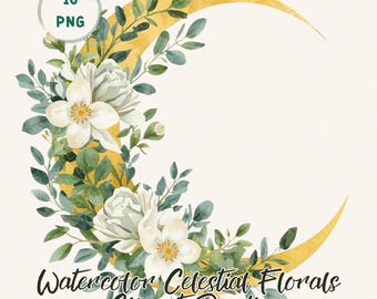 Pacchetto di clipart floreali celestiali, set di PNG di luna acquerello (10 design)