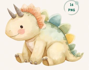 Pacchetto di clipart PNG di dinosauri ad acquerello per il compleanno di Three Rex e per bambini piccoli, ideale per la sublimazione.