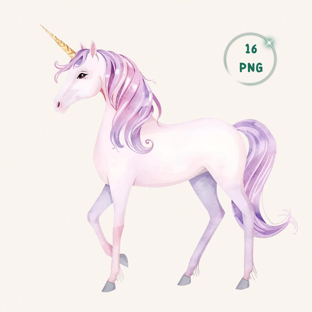 Watercolor Pastel Unicorn Clipart PNG Bundle for Fairy Tale Birthday ...