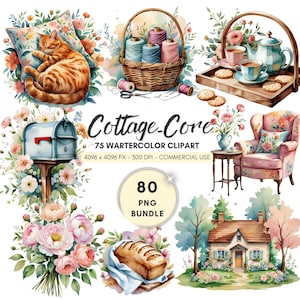 Watercolor Cottagecore Clipart Bundle, 80 Rustic Floral PNG Illustrations for Crafts