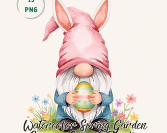 Pacchetto di clipart di gnomi pasquali, 13 gnomi primaverili ad acquerello in formato PNG per sublimazione e decorazioni da giardino