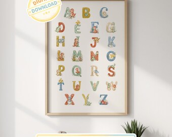 Plakat z alfabetem dinozaurów w stylu boho do druku, edukacyjna sztuka ścienna do pokoju dziecięcego do pobrania w wersji cyfrowej