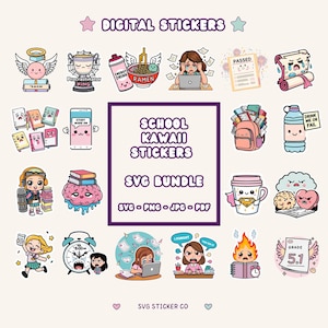Paquete de pegatinas escolares kawaii, 20 lindas pegatinas digitales PNG para la educación en casa, pegatinas funcionales de Goodnotes para la agenda escolar, regreso a clases