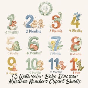 May include: Watercolor clipart bundle featuring milestone numbers 1-12 months and 1 year, each adorned with a cute dinosaur illustration. The numbers are in various colors, with botanical accents. Text at the bottom reads "13 Watercolor Boho Dinosaur Milestone Numbers Clipart Bundle."