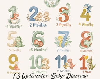 Akwarela Boho Dinosaur Milestone PNG do sublimacji kocyka dziecięcego i drewnianych krążków Hello World