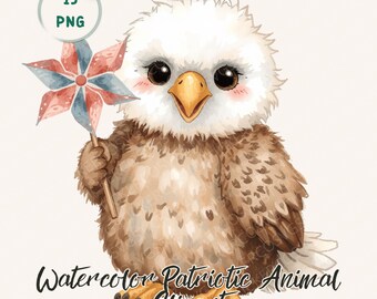Zestaw akwarelowych, patriotycznych klipartów ze zwierzętami w formacie PNG na moją pierwszą sublimację z okazji 4 lipca dla mojego malucha