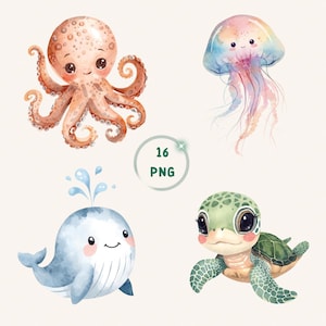 Puede incluir: Ilustraciones de acuarela de criaturas marinas: un pulpo melocotón, una medusa pastel, una ballena azul y una tortuga verde. Un círculo indica "16 PNG". Ideal para proyectos infantiles y temáticos del mar.