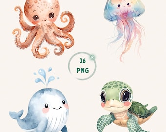 Pacchetto di clipart PNG ad acquerello a tema marino per baby shower a tema oceano e sublimazione per bambini piccoli