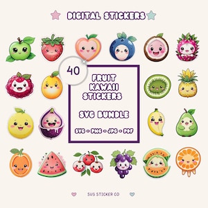 Digital Kawaii Fruit Stickers Bundle, 40 Cute Fruit Stickers Png, Printable Fruit Clipart Bundle Png, Kawaii Fruit Clipart Png, Fruit Design