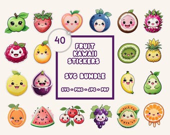Kawaii Fruit Stickers Bundle, 40 Fruit PNG SVG for Planner, Cricut & Journal