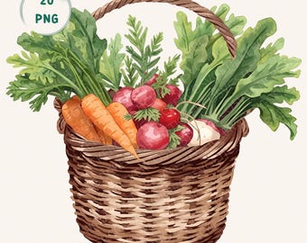 Cottagecore Garden Clipart Bundle, 20 disegni PNG di verdure e fattoria in stile rustico ad acquerello