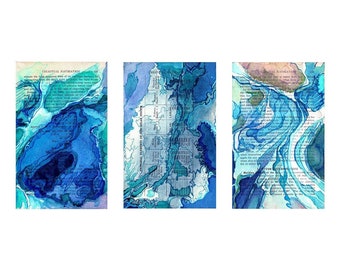 Abstract watercolor art print, teal turquoise blue, small modern triptych wall art, Celestial Navigation Triptych