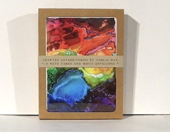Art notecard set, Rainbow Territories 3, 8 blank note cards and envelopes, rainbow abstract watercolor cards
