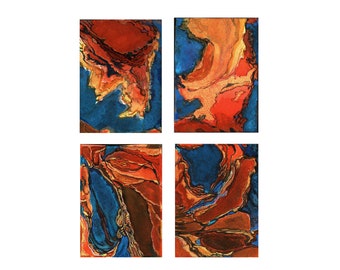 Red-Gold Tetraptych, abstract watercolor art print, small bright red and gold and blue wall art print