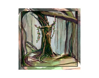 Fantasy forest art print, woodland illustration print, tree spirit, male figure art, Alphabet of Marvels: Dryad
