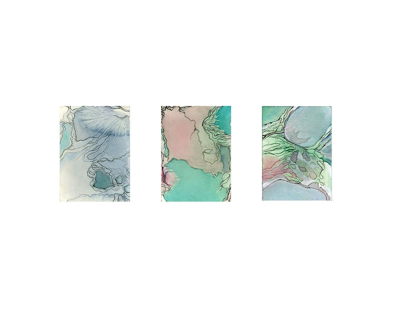 Austral Triptych, small watercolor triptych wall art, modern wall art, turquoise wall art, beach wall art, bathroom wall art image 1