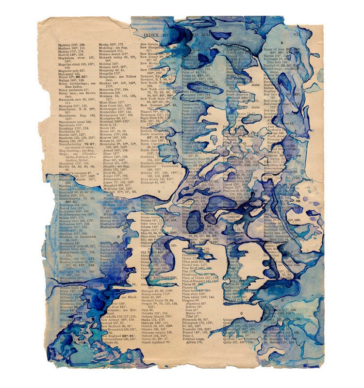 Watercolor Art Print Blue Abstract Map Art On Book Page | Etsy