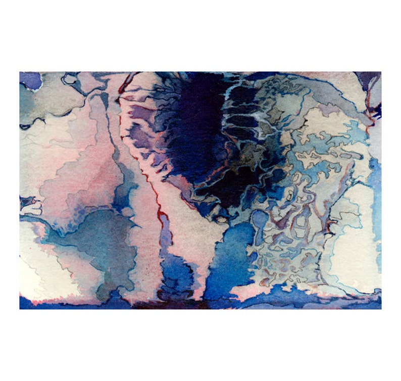 Blue pink abstract watercolor, small wall art print, Hyperborean Crater image 1