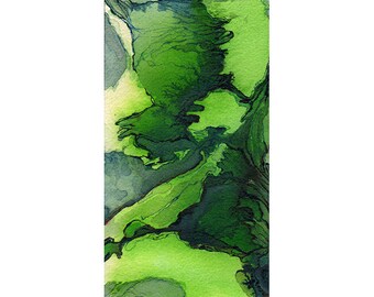Op de afbeelding: Abstract schilderij met draaiende groene en zwarte verf. De kleuren zijn levendig en de textuur is dik.