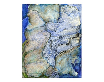 Fantasy map art print, pale blue green abstract watercolor print, Paper Topography 4