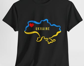 Ukraine Outline T-Shirt – Minimalist Pride, Yellow Blue Map with Heart