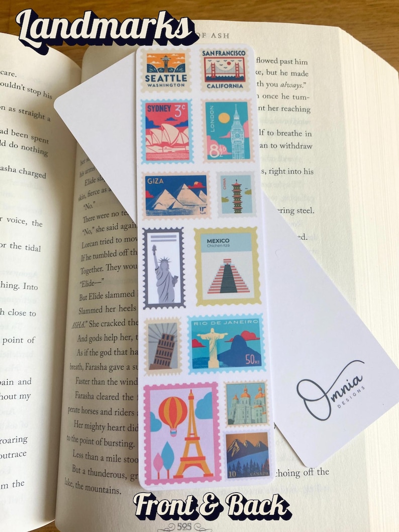 May include: A bookmark with colourful postage stamp designs of global landmarks, such as the Eiffel Tower and the Sydney Opera House. The bookmark is labelled "Landmarks" and "Front & Back."