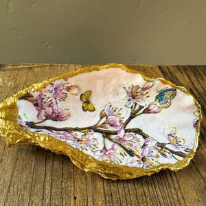 Large cherry blossom butterflies oyster decoupage shell ring dish or decor